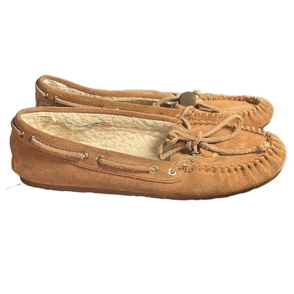 Coach Antonia Suede Shearling Tan Slip On Moccasin Slippers Sz 7.5 B - Picture 2 of 13